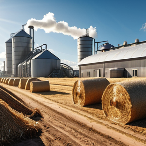 **

A modern biorefinery plant in a rural Russian landscape. Bales of straw and piles of wood chips are visible in the foreground. In the background, futuristic-looking structures suggest advanced processing technologies. Sunlight streams through, highlighting the integration of agriculture and industry for a sustainable future. Focus on conveying a sense of innovation and environmental responsibility.

**