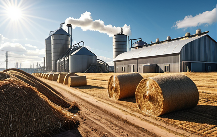**

A modern biorefinery plant in a rural Russian landscape. Bales of straw and piles of wood chips are visible in the foreground. In the background, futuristic-looking structures suggest advanced processing technologies. Sunlight streams through, highlighting the integration of agriculture and industry for a sustainable future. Focus on conveying a sense of innovation and environmental responsibility.

**