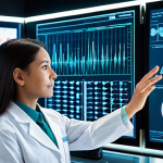 A professional female scientist in a modest lab coat and professional dress, standing in a clean, modern genetics laboratory. She is focused on a translucent holographic display showing a detailed, luminous DNA helix intertwined with complex data visualizations related to personalized medicine. Advanced laboratory equipment and screens displaying genetic sequences are visible in the background. The atmosphere is innovative and research-focused. fully clothed, modest clothing, appropriate attire, professional dress, safe for work, appropriate content, professional, perfect anatomy, correct proportions, natural pose, well-formed hands, proper finger count, natural body proportions, professional photography, high resolution, realistic, sharp focus, cinematic lighting.