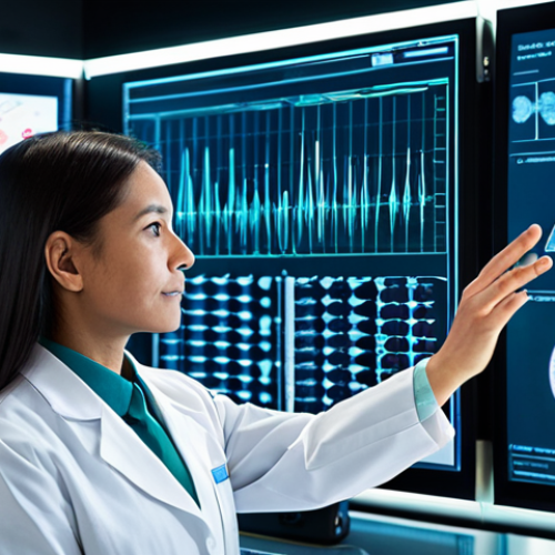 A professional female scientist in a modest lab coat and professional dress, standing in a clean, modern genetics laboratory. She is focused on a translucent holographic display showing a detailed, luminous DNA helix intertwined with complex data visualizations related to personalized medicine. Advanced laboratory equipment and screens displaying genetic sequences are visible in the background. The atmosphere is innovative and research-focused. fully clothed, modest clothing, appropriate attire, professional dress, safe for work, appropriate content, professional, perfect anatomy, correct proportions, natural pose, well-formed hands, proper finger count, natural body proportions, professional photography, high resolution, realistic, sharp focus, cinematic lighting.
