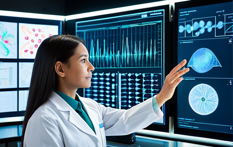 A professional female scientist in a modest lab coat and professional dress, standing in a clean, modern genetics laboratory. She is focused on a translucent holographic display showing a detailed, luminous DNA helix intertwined with complex data visualizations related to personalized medicine. Advanced laboratory equipment and screens displaying genetic sequences are visible in the background. The atmosphere is innovative and research-focused. fully clothed, modest clothing, appropriate attire, professional dress, safe for work, appropriate content, professional, perfect anatomy, correct proportions, natural pose, well-formed hands, proper finger count, natural body proportions, professional photography, high resolution, realistic, sharp focus, cinematic lighting.