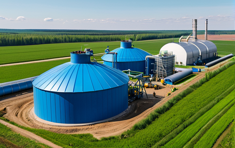 Biofuel Production in Rural Russia**

"A modern biogas plant on a Russian farm, fully clothed workers monitoring the process of converting agricultural waste into biofuel, fields in the background, appropriate attire, safe for work, perfect anatomy, natural proportions, professional photography, high quality, bright sunny day, showcasing sustainable energy."
**