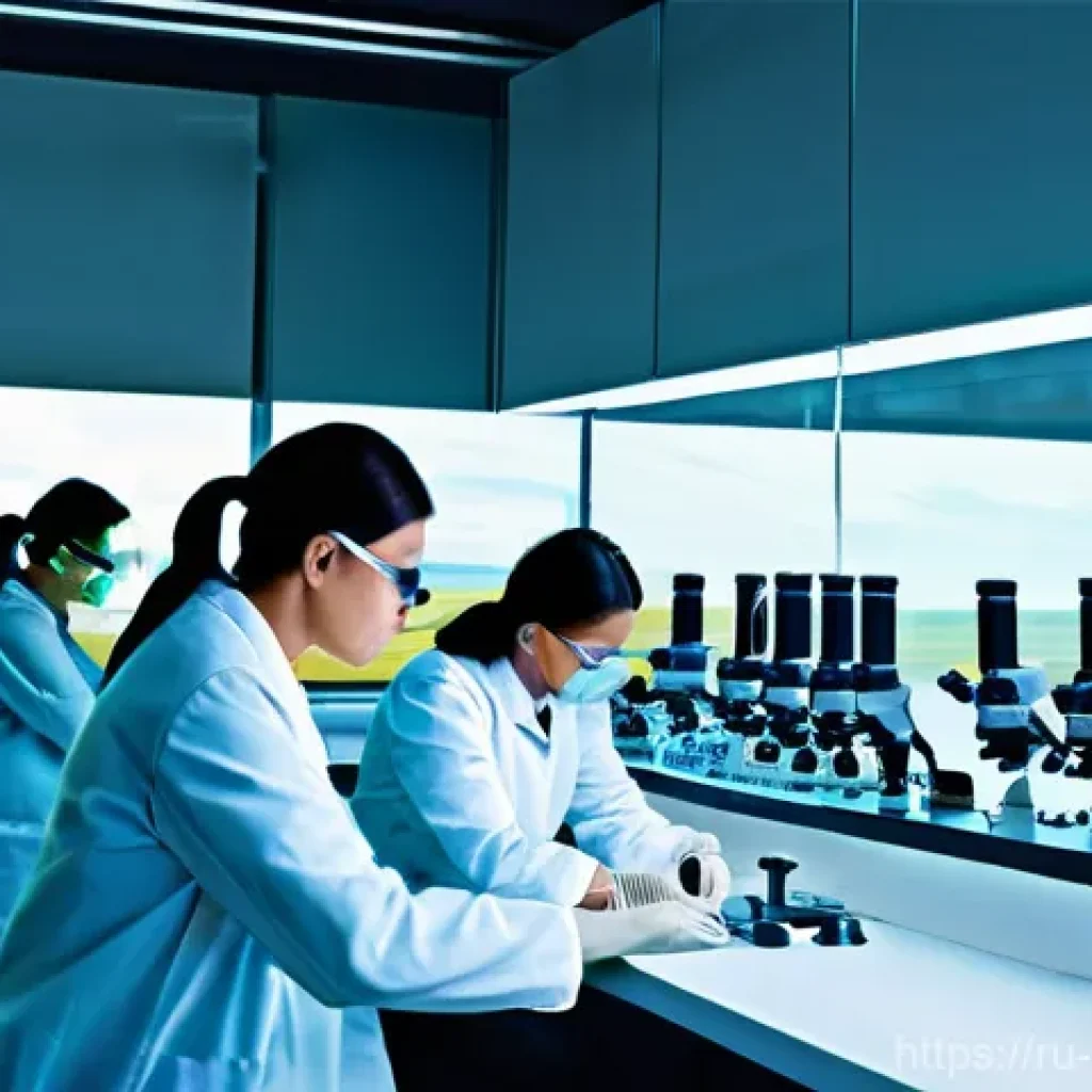 미생물 기반 플라스틱 분해 - **Prompt:** "A brightly lit, spacious modern laboratory. In the foreground, a diverse team of scient...