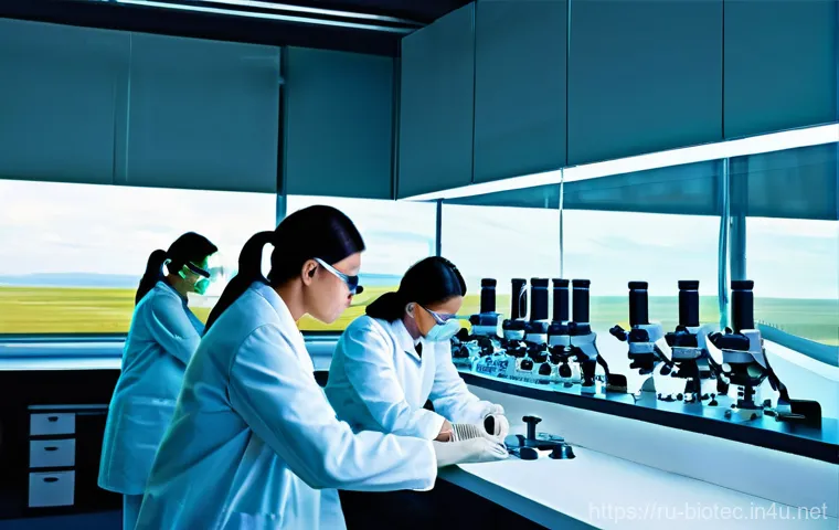 미생물 기반 플라스틱 분해 - **Prompt:** "A brightly lit, spacious modern laboratory. In the foreground, a diverse team of scient...