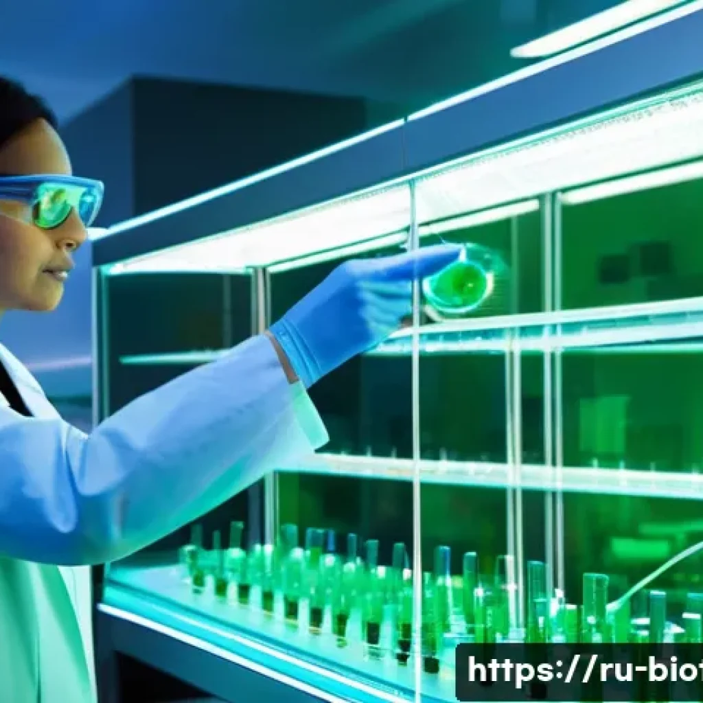 대사경로 조작 기술 - **Prompt:** A futuristic, sterile biotechnology laboratory bathed in soft, ethereal blue and green l...