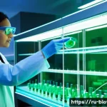 대사경로 조작 기술 - **Prompt:** A futuristic, sterile biotechnology laboratory bathed in soft, ethereal blue and green l...