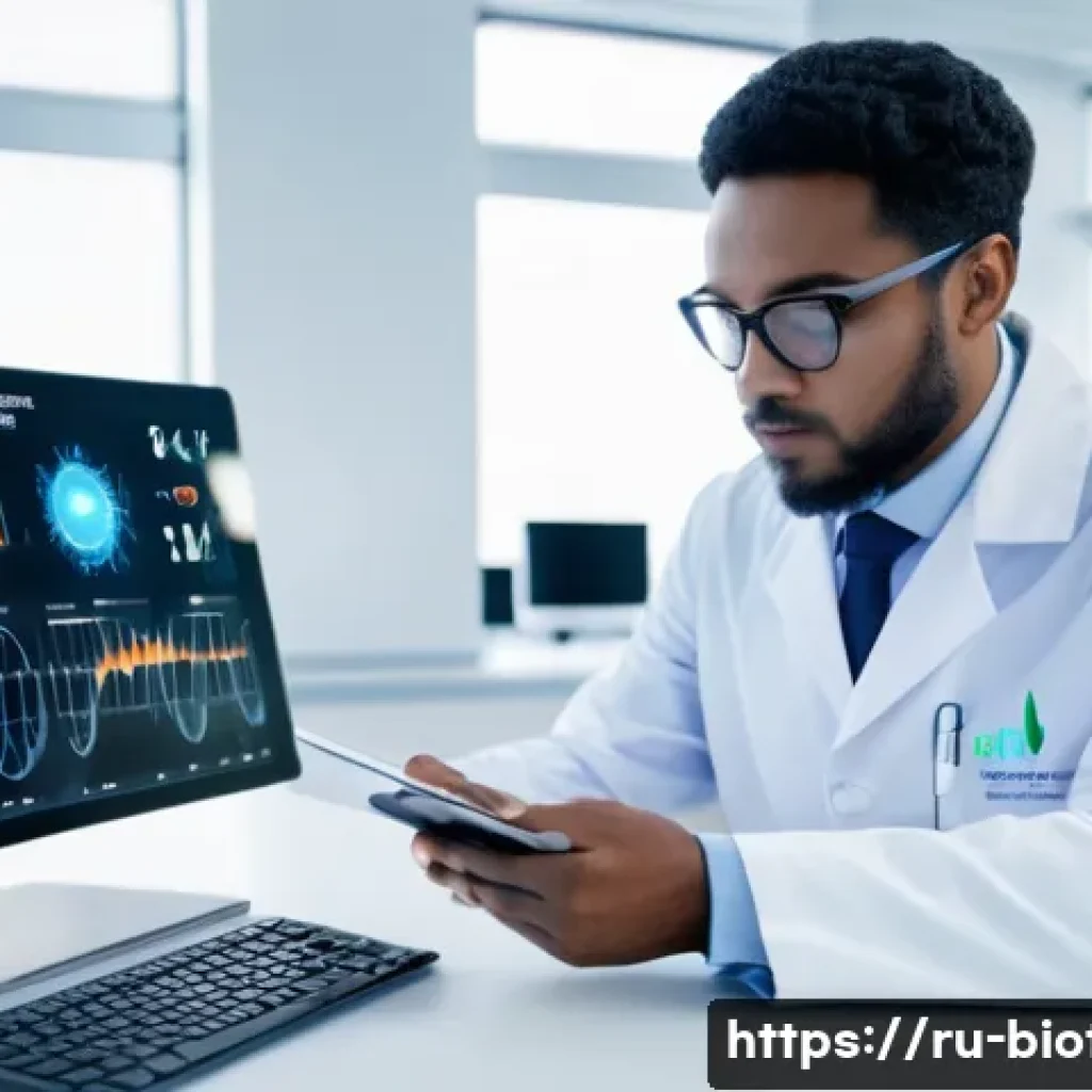 바이오 센서와 의료진단 - A high-tech medical laboratory scene featuring diverse biosensor devices including optical, electroc...