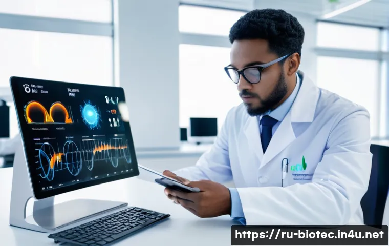 바이오 센서와 의료진단 - A high-tech medical laboratory scene featuring diverse biosensor devices including optical, electroc...