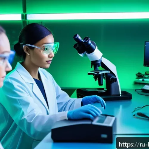 Home 30 암세포 전이 억제 기술 - A high-tech laboratory scene featuring scientists analyzing tumor microenvironment samples under adv...