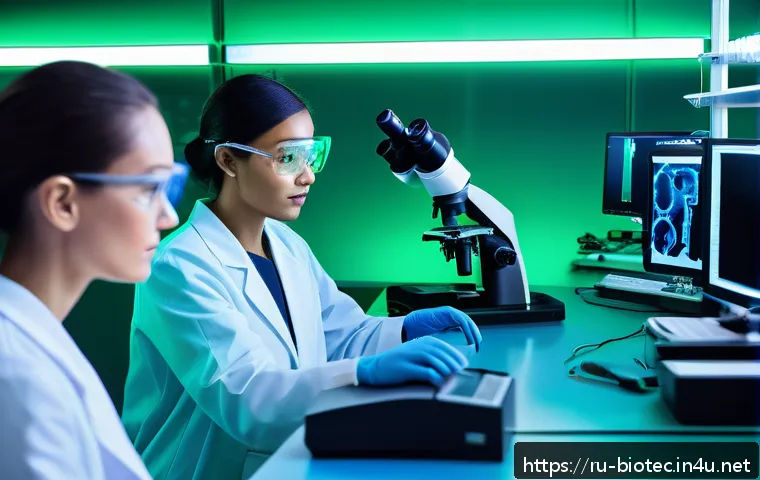 암세포 전이 억제 기술 - A high-tech laboratory scene featuring scientists analyzing tumor microenvironment samples under adv...