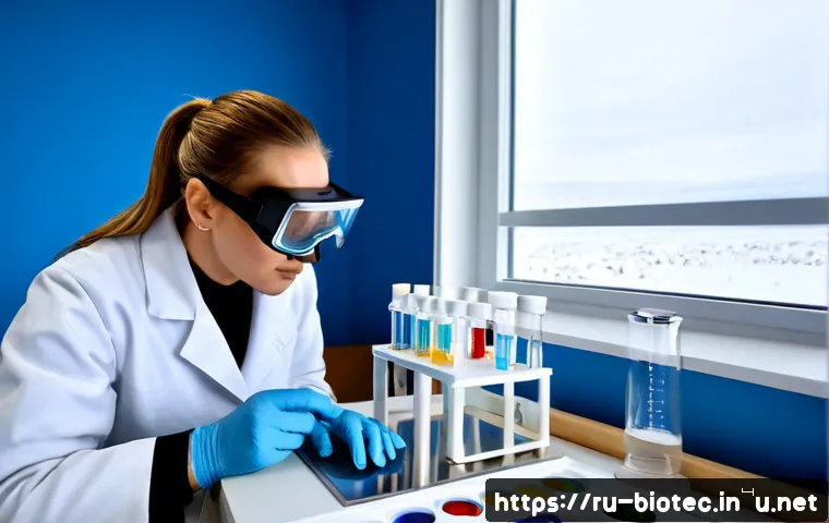 Home 17 고세균 및 극한환경 미생물 연구 - Photorealistic microbiology laboratory scene in a Russian Arctic research station, female scientist ...
