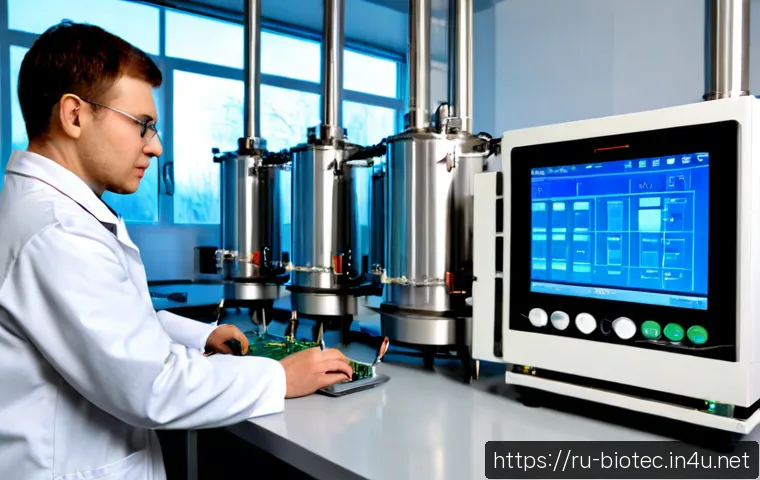 바이오 공정 최적화 - Photorealistic biotechnology process optimization laboratory, Russian research team in clean white l...
